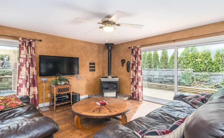 This great room design is a lovely spot for watching tv, entertaining with a free standing gas fire place