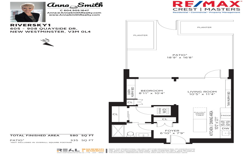580 sq ft Living and 335 sq ft Patio 1 Bed 1 Bath    Beautiful Enormous Patio     Bright Open Floorplan   EXTRA Large Locker     Skytrain access     Private Patio Oasis      Waterfront Boardwalk     Waterfront River Market     Restaurants, Shopping galore