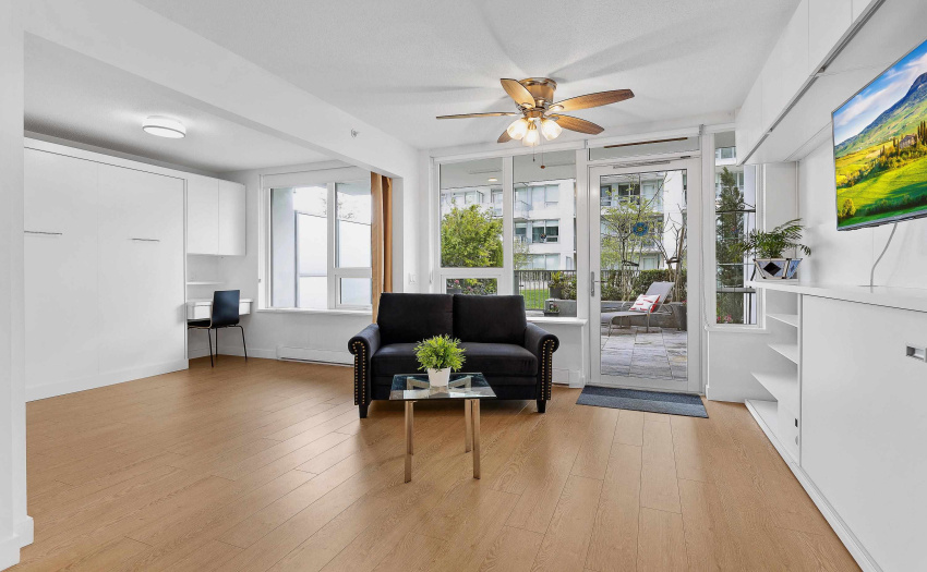 Fabulous suite w/ PRIVATE fenced South facing PATIO 335 sq ft an entertaining or gardeners??? delight. Own or Rent out this 1 Bedroom unique jewel, in a fabulous convenient location. Welcoming open layout loveseat and TV included, no need to buy furniture.