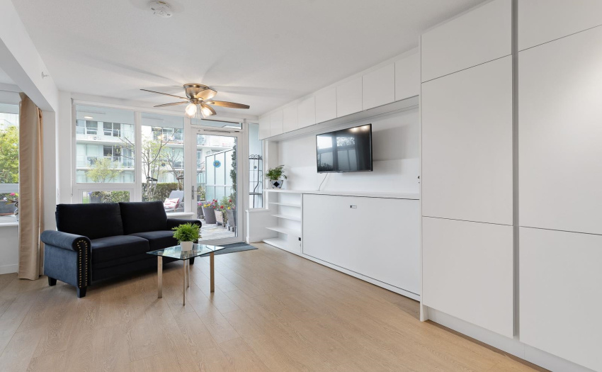 Unique suite w/ PRIVATE fenced South facing PATIO 335 sq ft an entertaining or gardeners??? delight. Own or Rent out this 1 Bedroom unique jewel, in a fabulous convenient location. Welcoming open layout loveseat and TV included, no need to buy furniture.
