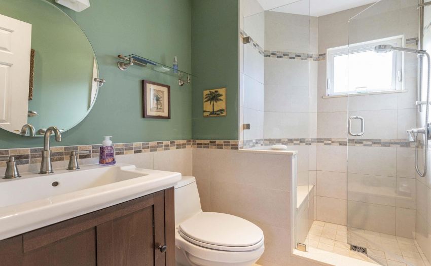 3 piece with walk in or sit down shower. Heated tiled floor.