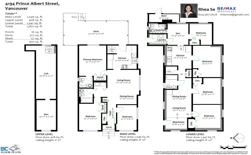 Floor plan for 4194 Prince Albert St., Vancouver.  Main level: 1046 SQFT, Lower level: 1347 SQFT, spacious attic space: 408 SQFT. Total of 2801 SQFT.