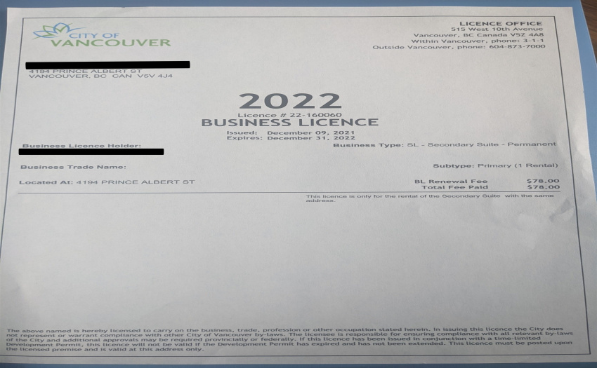Business license issued by City of Vancouver for operating legal secondary suite (Lower Level).