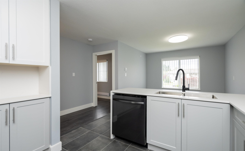 Peninsula has deep, double stainless steel sink with long neck sprayer faucet.