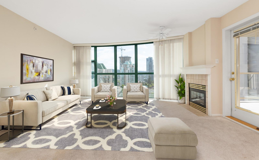 Virtually staged.  Makes for an attractive and comfortable place to take in an evening sunset while watching your favorite t.v. program.