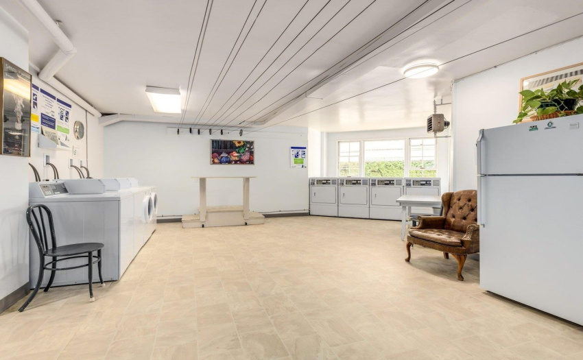 You may never use it, having in-suite, but there is a very large and pleasant laundry with multiple machines, a lending library, washroom, and space to hang clothing to dry.