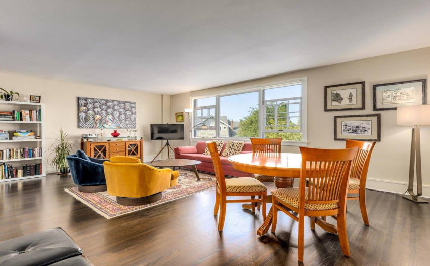 Dining table added to living area freeing dining room for work from home.