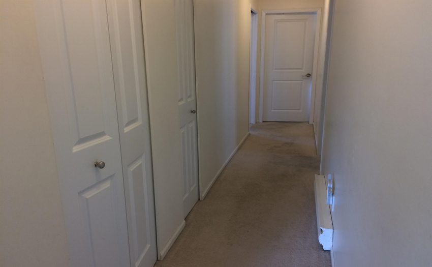 Looking down the hallway from the same spot towards the bedrooms. The master bedroom door is at the end of the hall (on the lane side of the house).