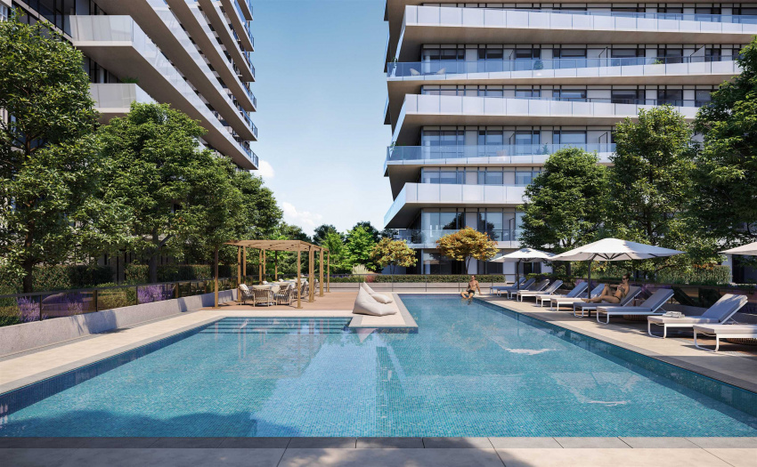 A two-lane, resort-style outdoor lap pool and lounge-ready poolside cabanas provide an oasis at home