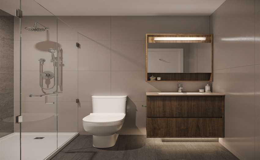 Elegant, frameless glass shower with rain shower head