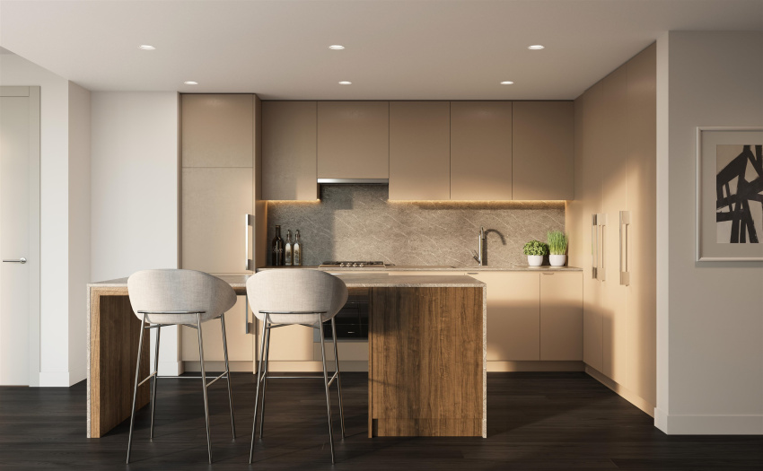 Quartz countertops with waterfall edge & matching full-height backsplash.