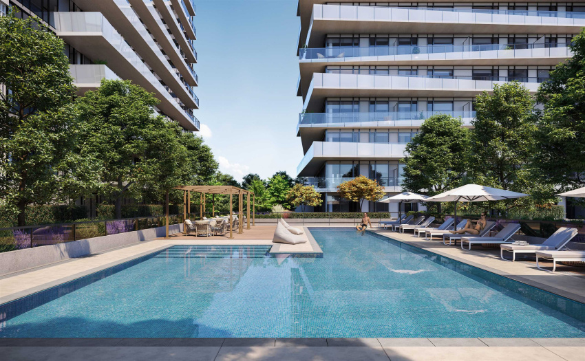 A two-lane, resort-style outdoor lap pool and lounge-ready poolside cabanas provide an oasis at home