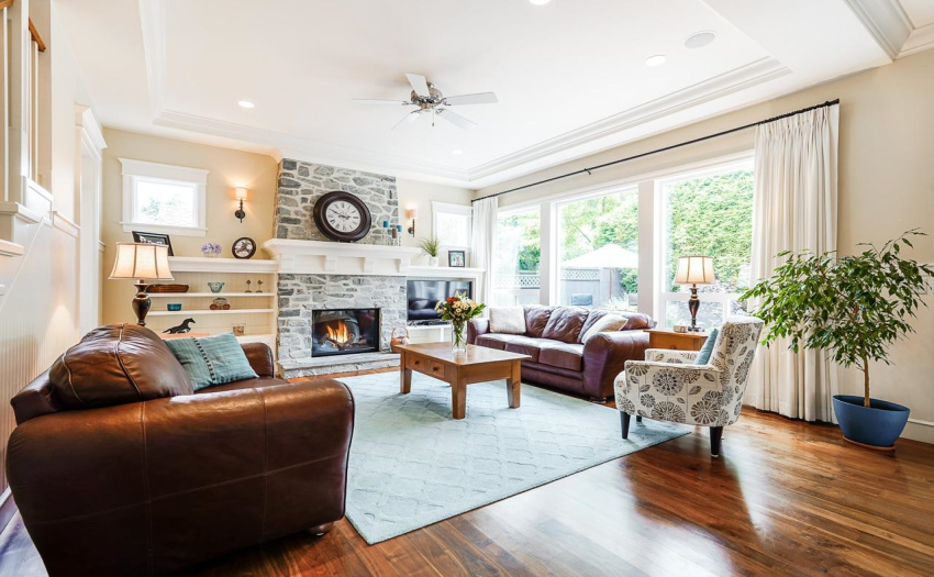 Great room with gas fireplace and built-in speaker system