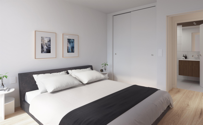 Rendering is illustration of bedroom. Design and size vary per floor plan type.