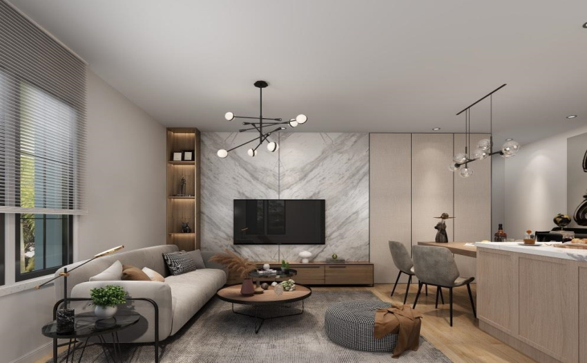 Feature walls, entertainment millwork and contemporary chandelier included.