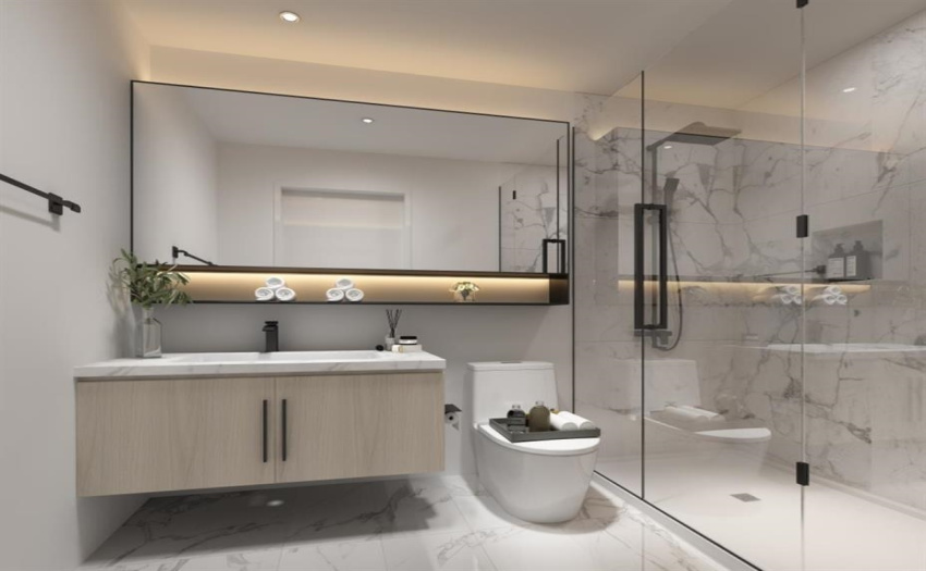 Frameless shower, floating cabinetry & custom millwork. Mirror & towel rack included.