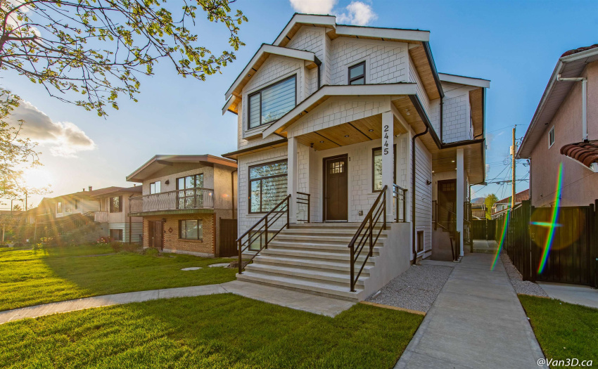 Spacious south exposed front yard along traffic calmed street (30 KM/H) and Adanac bike path.